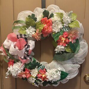 Wreath- Handmade-White, peach, and pink spring breeze blooms